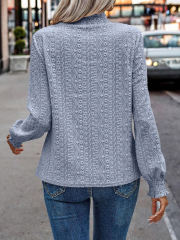 Light Blue Mock Neck Jacquard Pleated Long Sleeve Tops