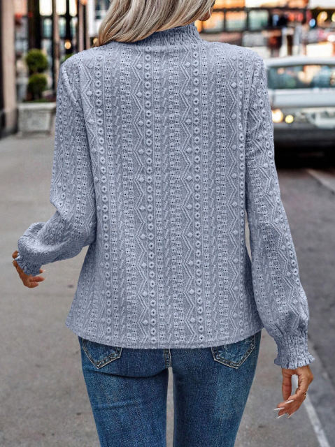 Light Blue Mock Neck Jacquard Pleated Long Sleeve Tops