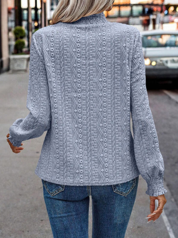 Light Blue Mock Neck Jacquard Pleated Long Sleeve Tops