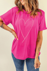 Rose Red Rhinestone Heart Graphic Crew Neck Valentines Tee