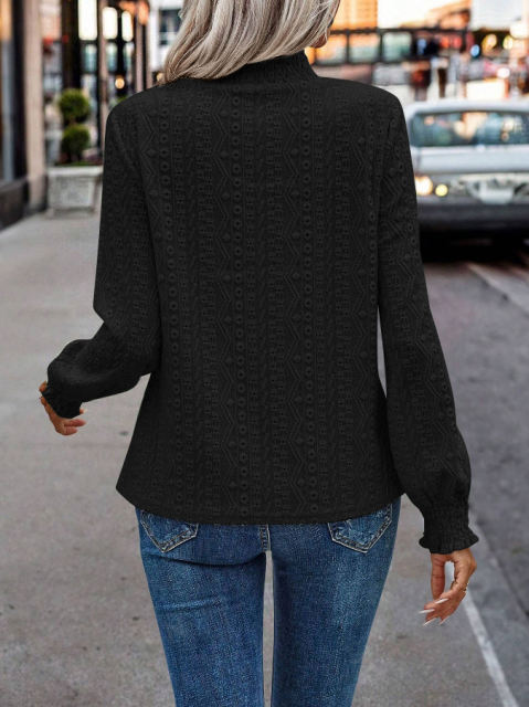 Black Mock Neck Jacquard Pleated Long Sleeve Tops