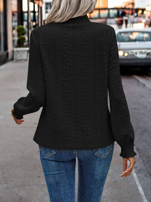 Black Mock Neck Jacquard Pleated Long Sleeve Tops