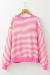 Pink Stripe Leopard Heart Patched Graphic Drop Shoulder Long Sleeve Top