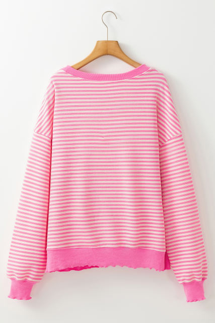 Pink Stripe Leopard Heart Patched Graphic Drop Shoulder Long Sleeve Top