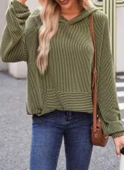 Army Green Textured Loose Fit Kangroo Pocket Hoodie