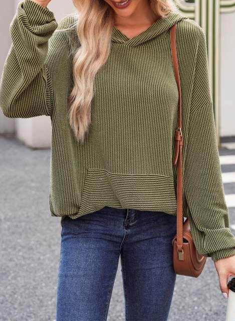 Army Green Textured Loose Fit Kangroo Pocket Hoodie