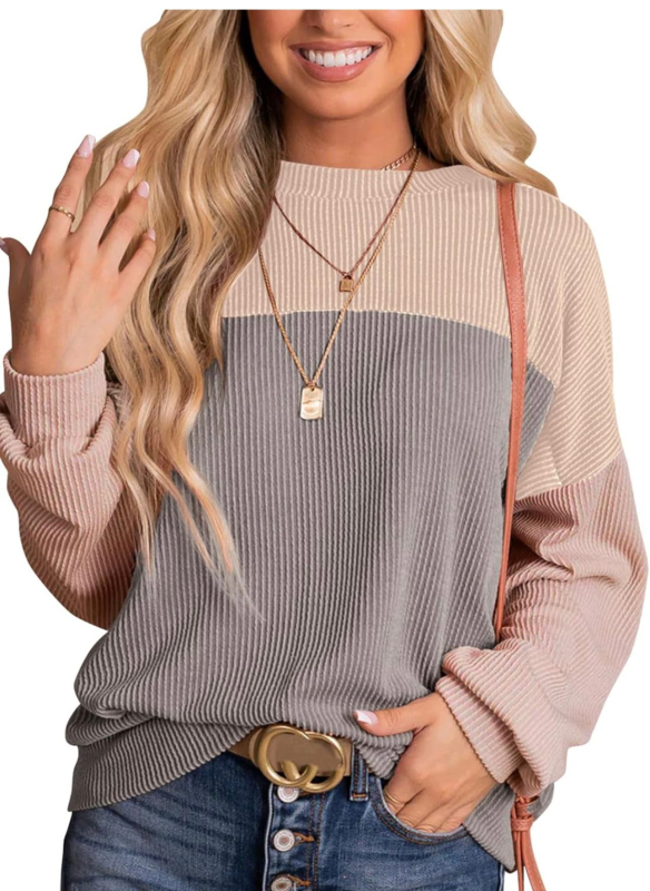 Gray Color Block Ribbed Loose Fit Long Sleeve Pullover Top
