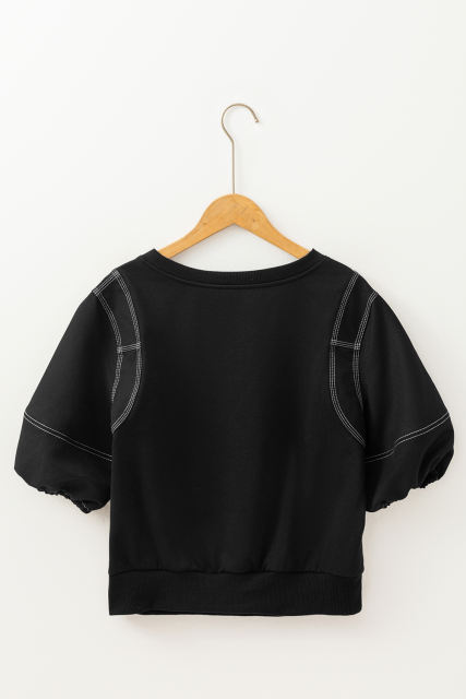 Black Contrast Stitches Detail Puffy Half Sleeve Blouse