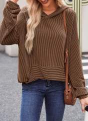 Coffee Textured Loose Fit Kangroo Pocket Hoodie