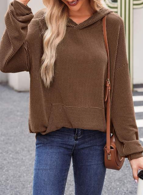 Coffee Textured Loose Fit Kangroo Pocket Hoodie