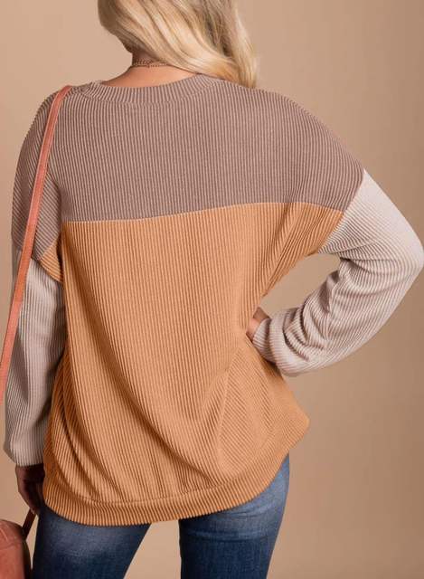 Khaki Color Block Ribbed Loose Fit Long Sleeve Pullover Top