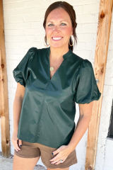 Sea Green Notched V Neck Short Puff Sleeve PU Leather Blouse