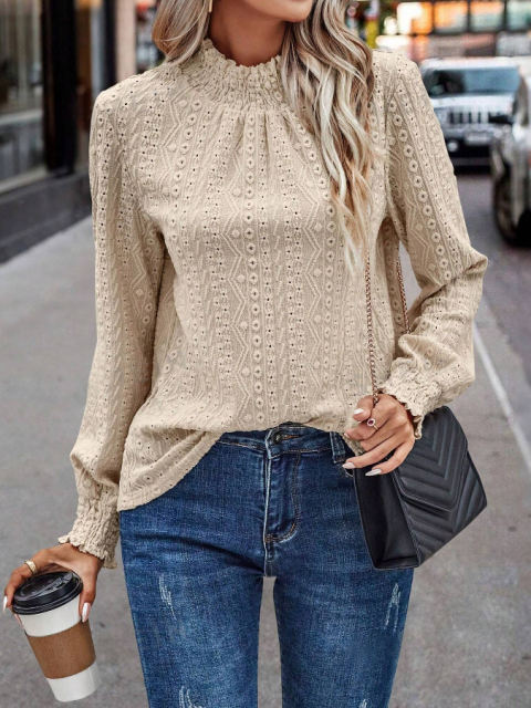 Apricot Mock Neck Jacquard Pleated Long Sleeve Tops