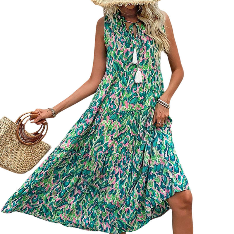 Green Ethnic Printed Lace-up V-neckline Maxi Dress