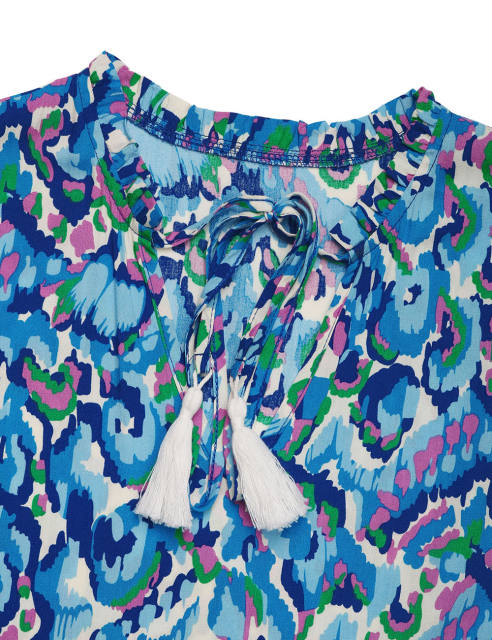 Blue Ethnic Printed Lace-up V-neckline Maxi Dress