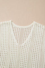 Beige Open Knit Drawstring Waist Beach Dress