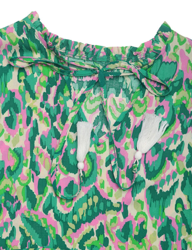 Green Ethnic Printed Lace-up V-neckline Maxi Dress