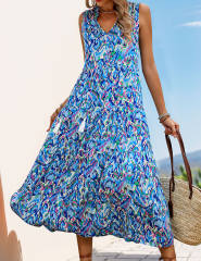 Blue Ethnic Printed Lace-up V-neckline Maxi Dress