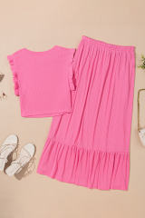 Bonbon Textured Ruffle Trim Crop Vest Lace-up Long Skirt Set