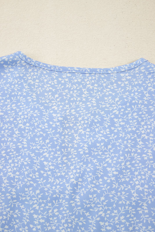 Sky Blue Floral Embroidered Puff Sleeve Notched V Neck Blouse