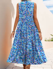 Blue Ethnic Printed Lace-up V-neckline Maxi Dress