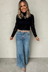Black Flower Lace See Through Mock Neck Long Sleeve Top