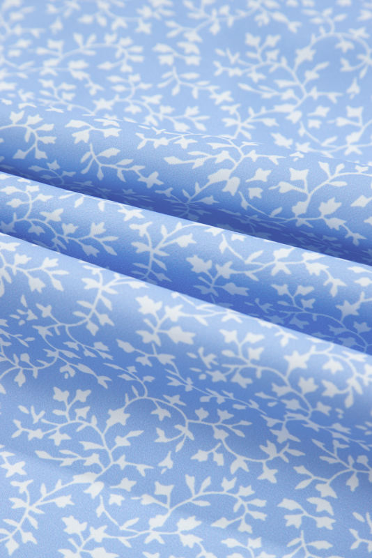 Sky Blue Floral Embroidered Puff Sleeve Notched V Neck Blouse