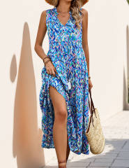 Blue Ethnic Printed Lace-up V-neckline Maxi Dress