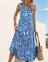Blue Ethnic Printed Lace-up V-neckline Maxi Dress