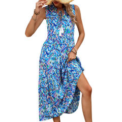 Blue Ethnic Printed Lace-up V-neckline Maxi Dress