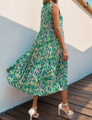 Green Ethnic Printed Lace-up V-neckline Maxi Dress