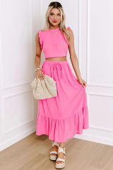 Bonbon Textured Ruffle Trim Crop Vest Lace-up Long Skirt Set