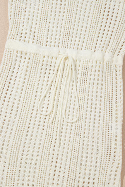 Beige Open Knit Drawstring Waist Beach Dress