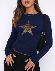 Navy Blue Star Printed Long Sleeve Crop Top