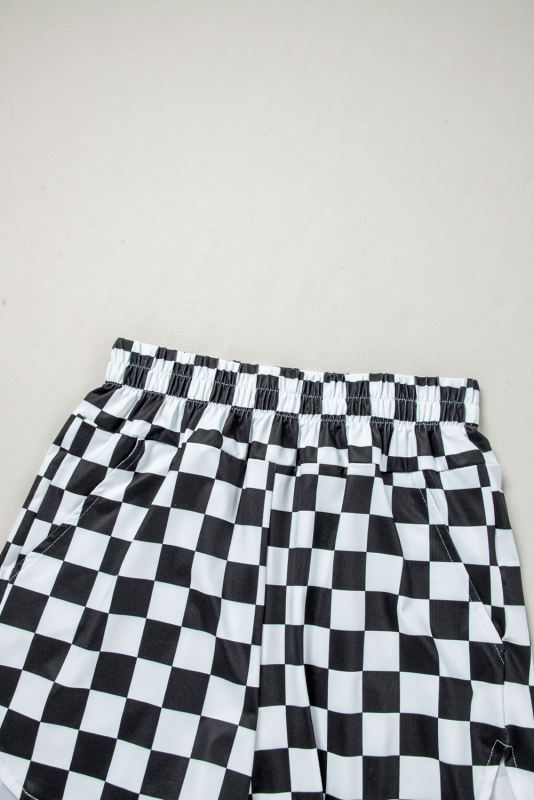 Black Checkered Print High Waist Casual Shorts