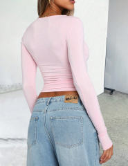 Pink Star Printed Long Sleeve Crop Top