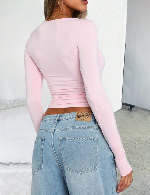 Pink Star Printed Long Sleeve Crop Top