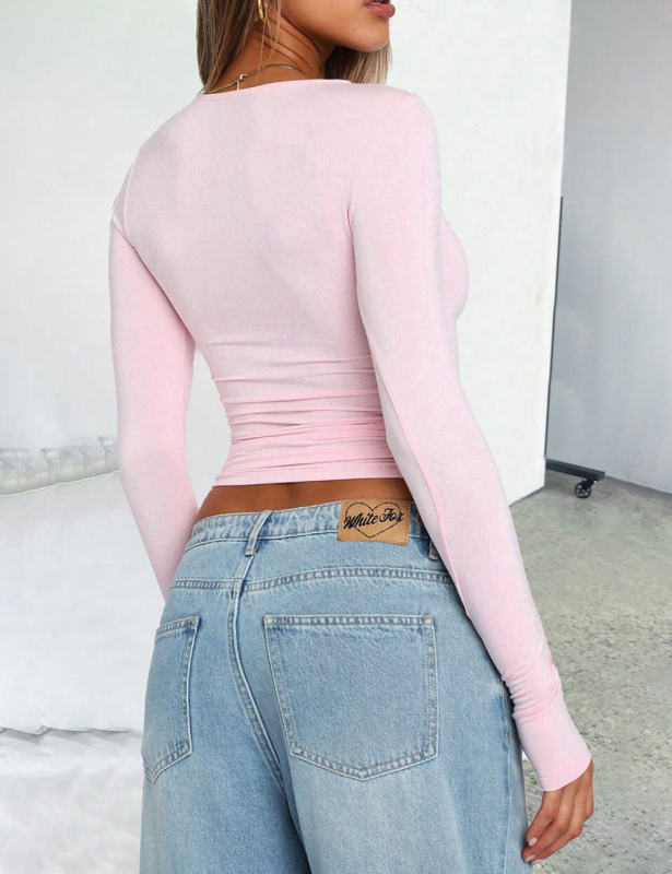 Pink Star Printed Long Sleeve Crop Top