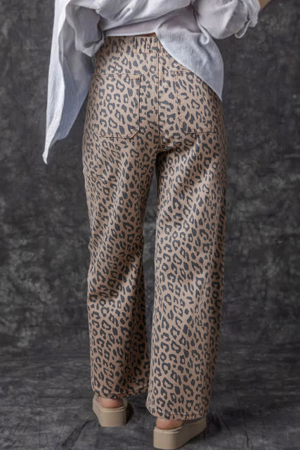 Khaki Leopard Printed Drawstring Waist Pocketed Wide Leg Jeans