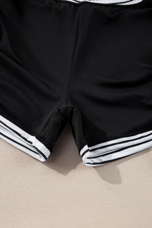 Black Striped Patchwork Side Drawstring Bottoms Tankini Set