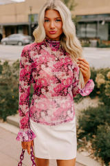 Rose Floral Mesh Flounce Sleeve Mock Neck Blouse