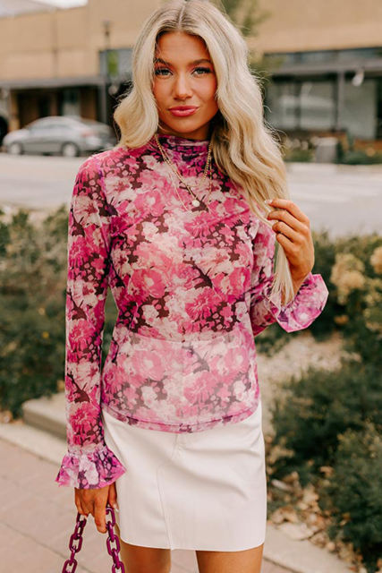 Rose Floral Mesh Flounce Sleeve Mock Neck Blouse