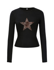 Black Star Printed Long Sleeve Crop Top