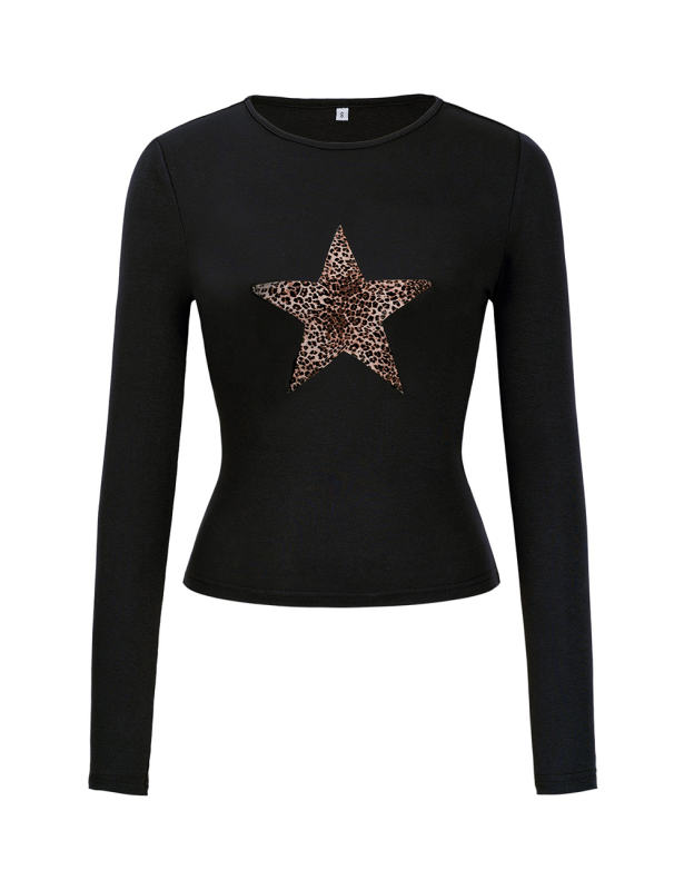 Black Star Printed Long Sleeve Crop Top