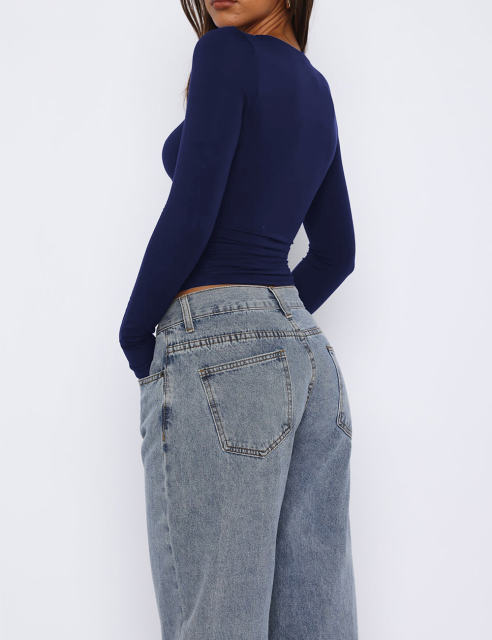 Navy Blue Star Printed Long Sleeve Crop Top