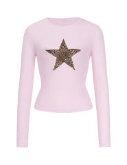 Pink Star Printed Long Sleeve Crop Top