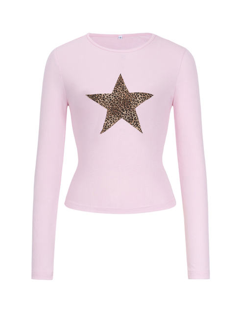 Pink Star Printed Long Sleeve Crop Top