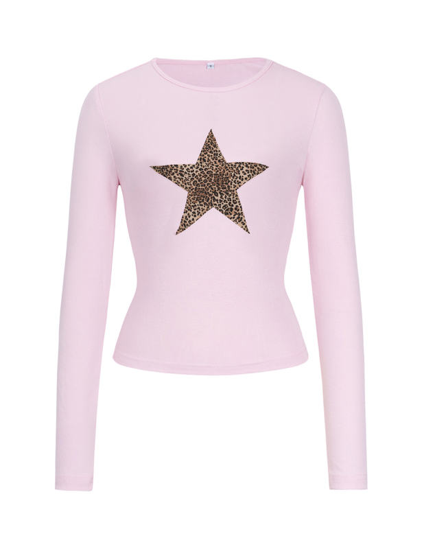 Pink Star Printed Long Sleeve Crop Top
