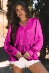 Rose Red Metallic Frilled V Neck Puff Sleeve Babydoll Blouse