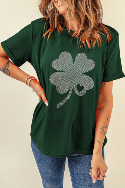 Green Rhinestone Four Leaf Clover Graphic St Patrick Crewneck Tee